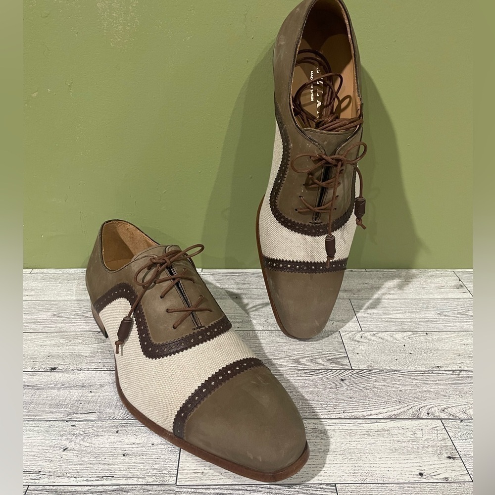 Mezlan shoes Olive/bone suede/linen cap toe Oxford